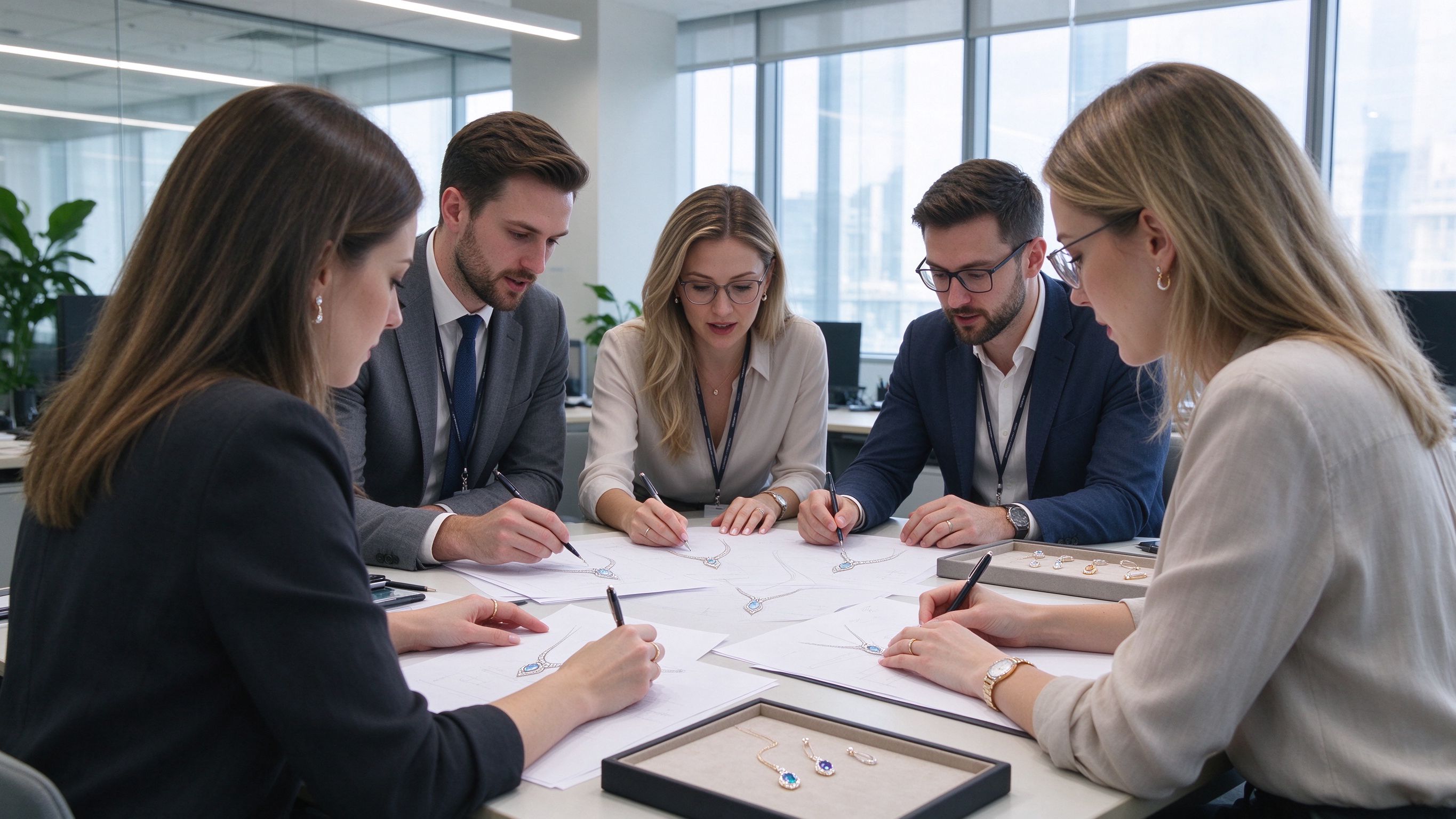 Holycome design team reviewing jewelry