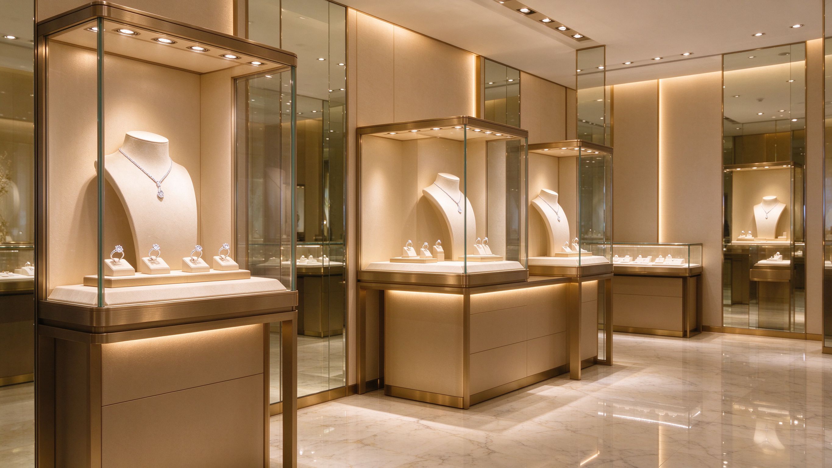 luxury jewelry showroom with warm display cases - Holycome factory