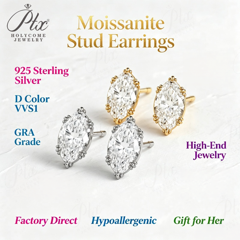 1-2ct Marquise Moissanite Stud Earrings D Color VVS1 925 Sterling Silver GRA