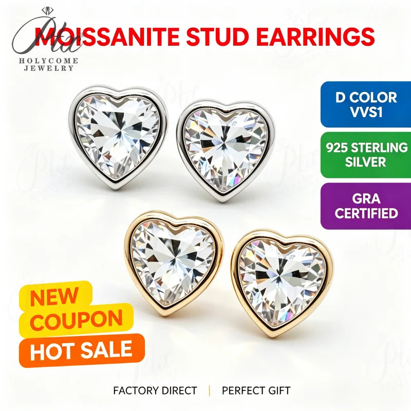 1-4ct Heart Moissanite Stud Earrings D Color VVS1 925 Sterling Silver GRA