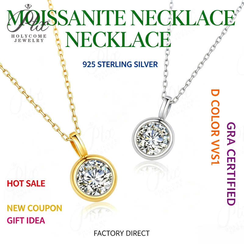 1ct Round Moissanite Pendant Necklace D Color VVS1 925 Sterling Silver GRA