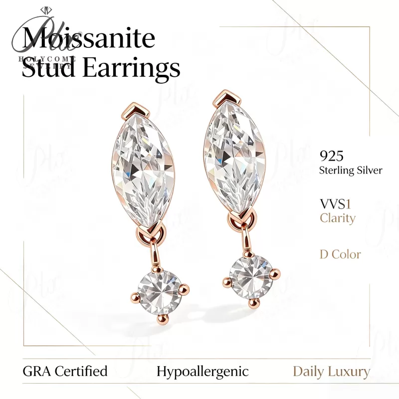 2ct Marquise Moissanite Stud Earrings D Color VVS1 925 Sterling Silver GRA
