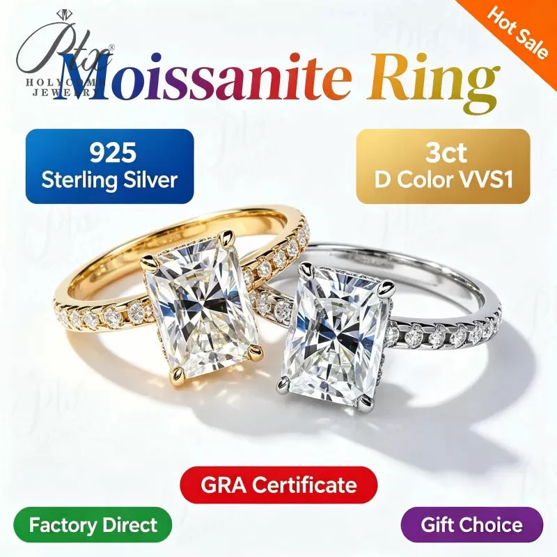 3ct Radiant Moissanite Ring D Color VVS1 925 Sterling Silver GRA