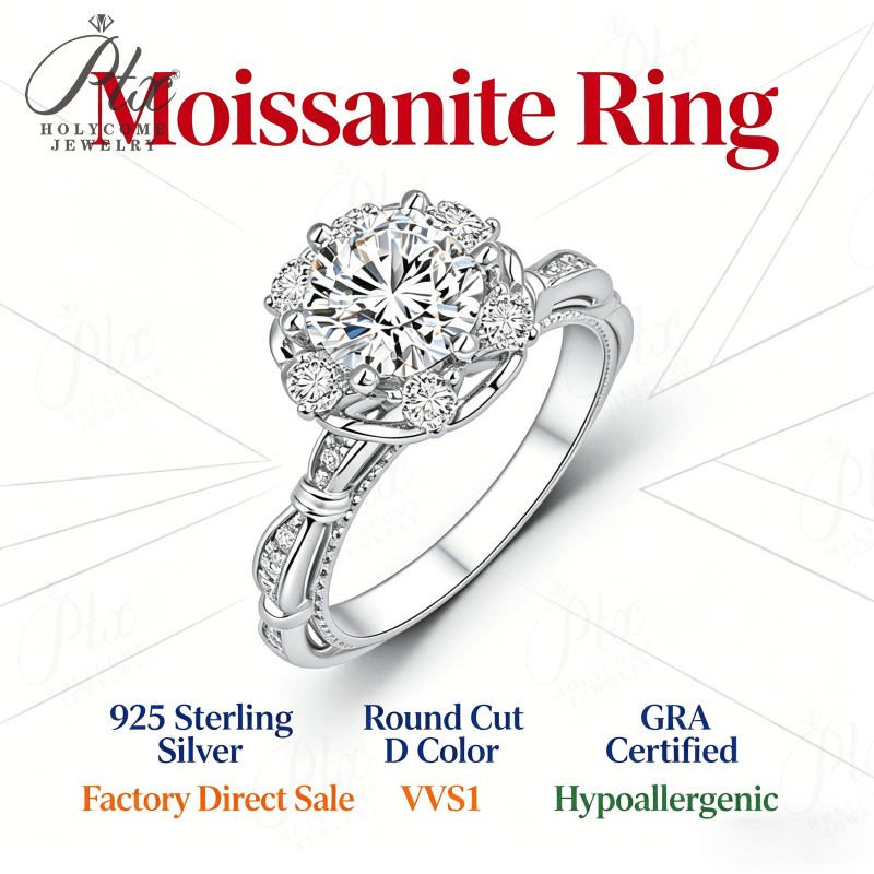 1ct Round Moissanite Ring D Color VVS1 925 Sterling Silver GRA